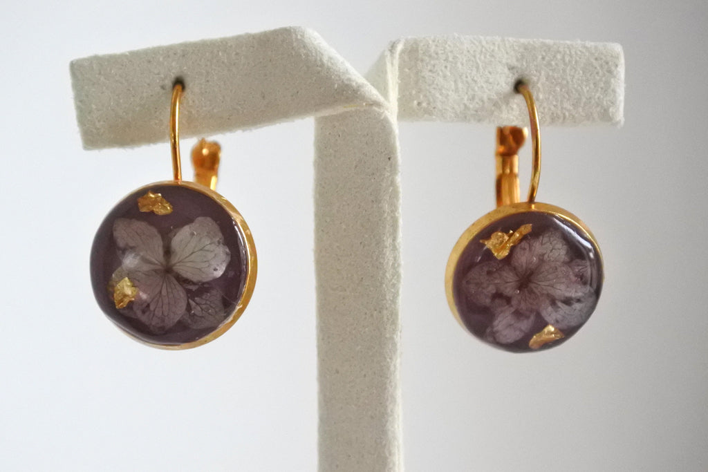 Dormeuses dorées vieux rose et Hortensia