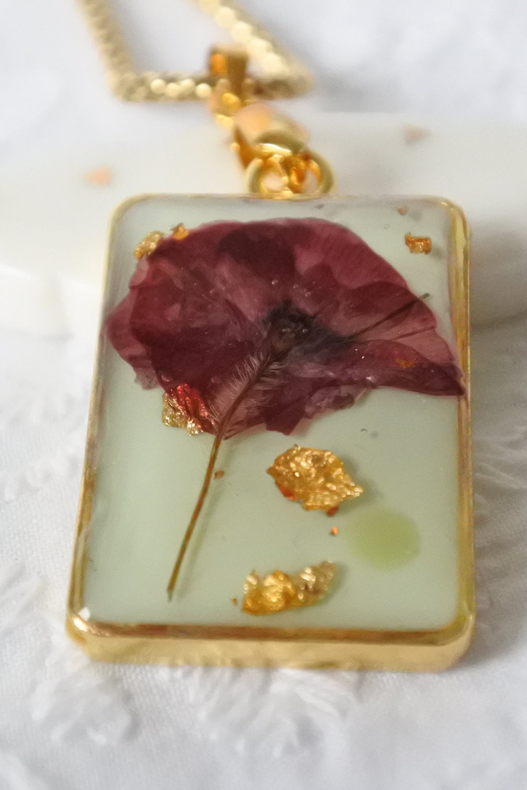 Collier pendentif rectangle – Coquelicot & Vert d'eau