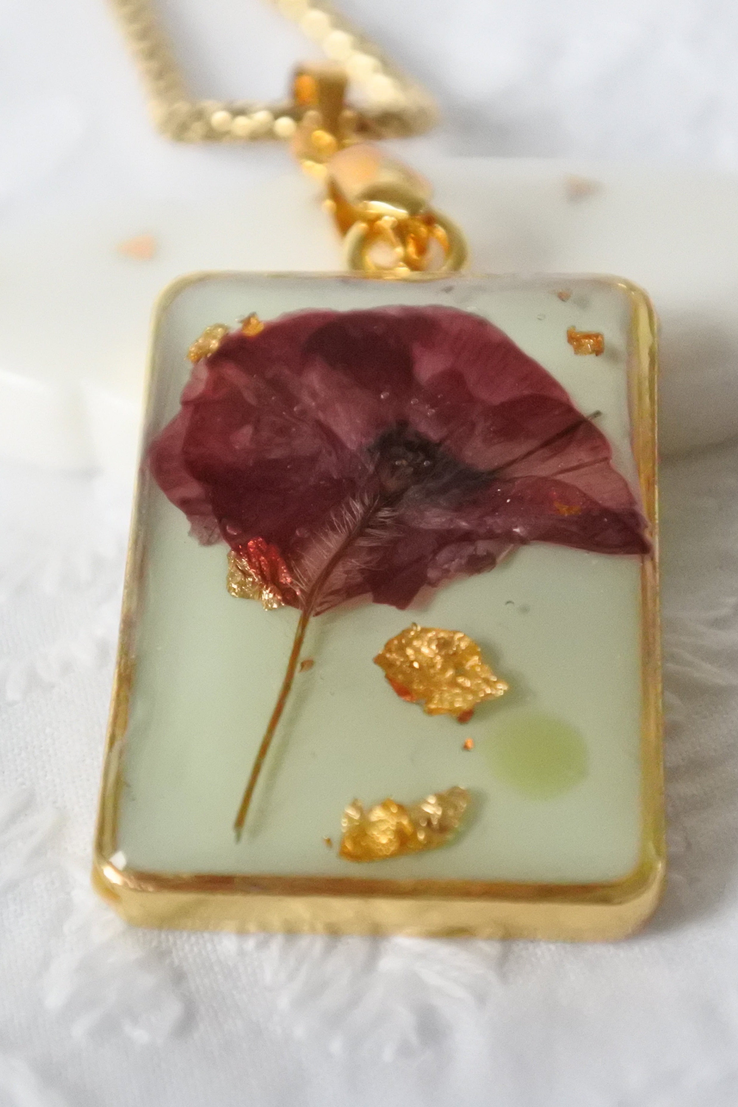 Collier pendentif rectangle – Coquelicot & Vert d'eau