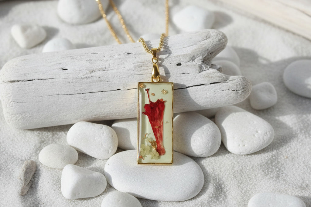 Collier pendentif rectangle – Penstemon & vert d'eau