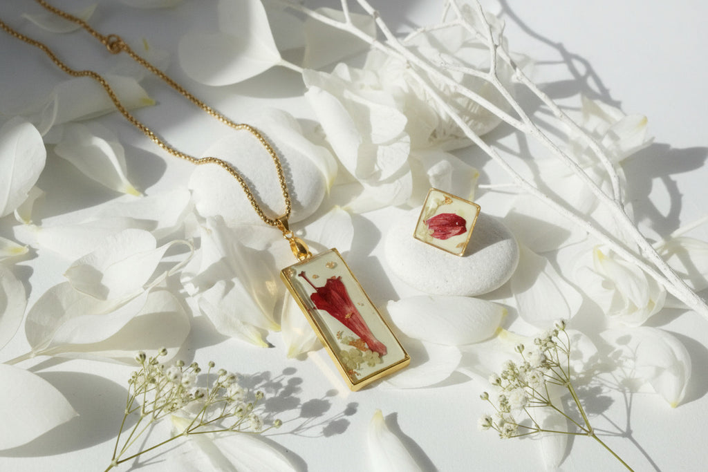 Collier pendentif rectangle – Penstemon & vert d'eau