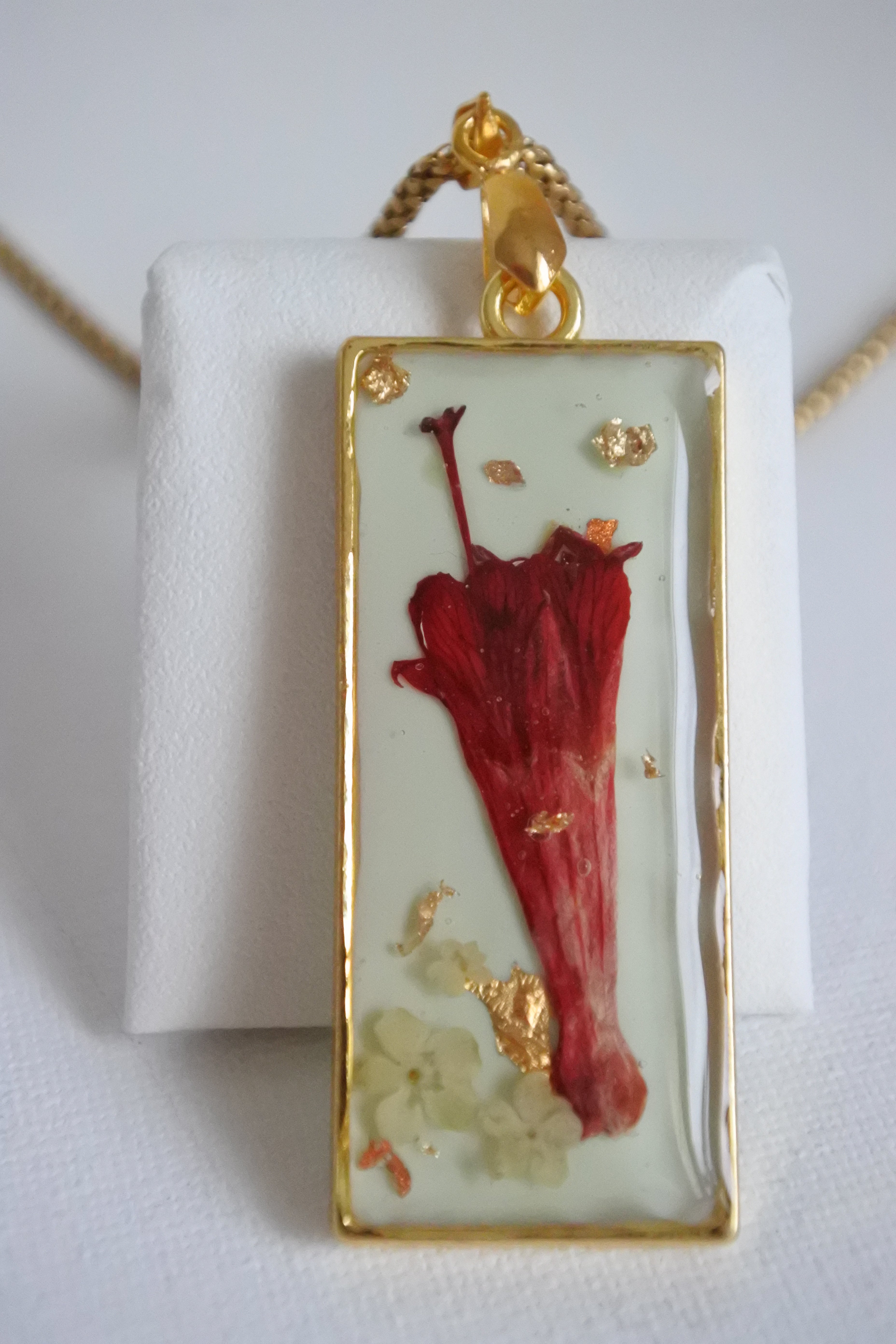 Collier pendentif rectangle – Penstemon & vert d'eau