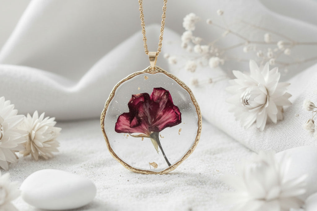 Collier pendentif rond – Fleur bordeaux