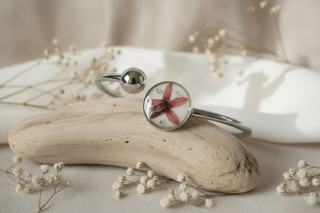 Bracelet jonc - Fleur rose foncé