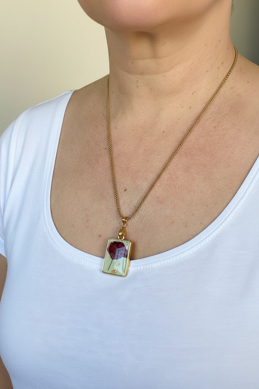 Collier pendentif rectangle – Coquelicot & Vert d'eau