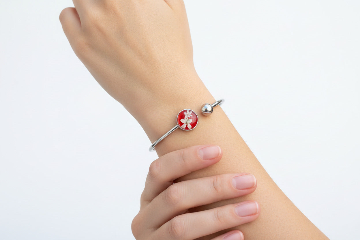 Bracelet jonc argenté - Myosotis blanc