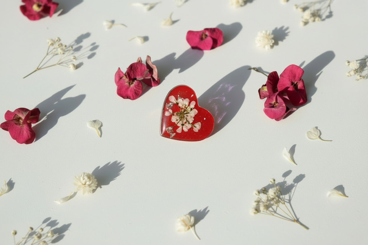 Pin’s – Coeur argenté rouge & Fleurs blanches