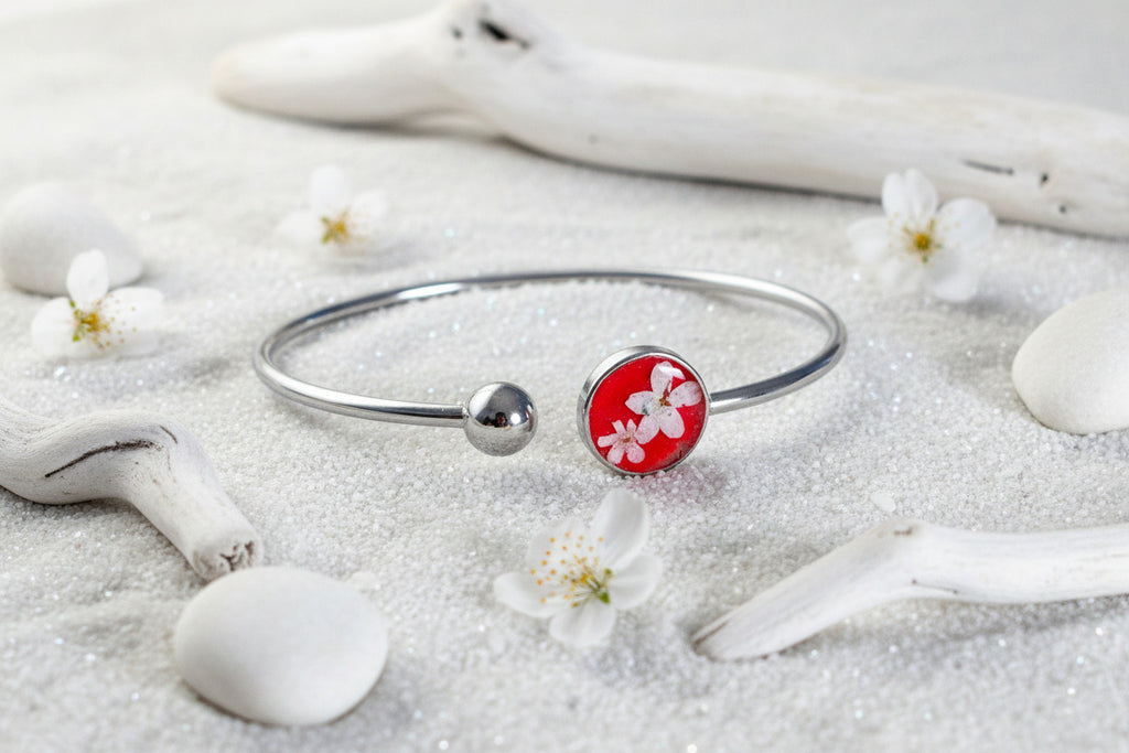 Bracelet jonc argenté - Myosotis blanc