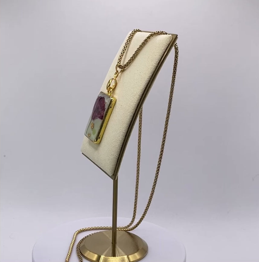 Collier pendentif rectangle – Coquelicot & Vert d'eau